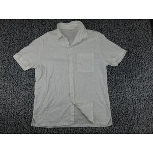 Unbranded Linen Shirt Mens Medium White Good Short Sleeve Button Down Pocket